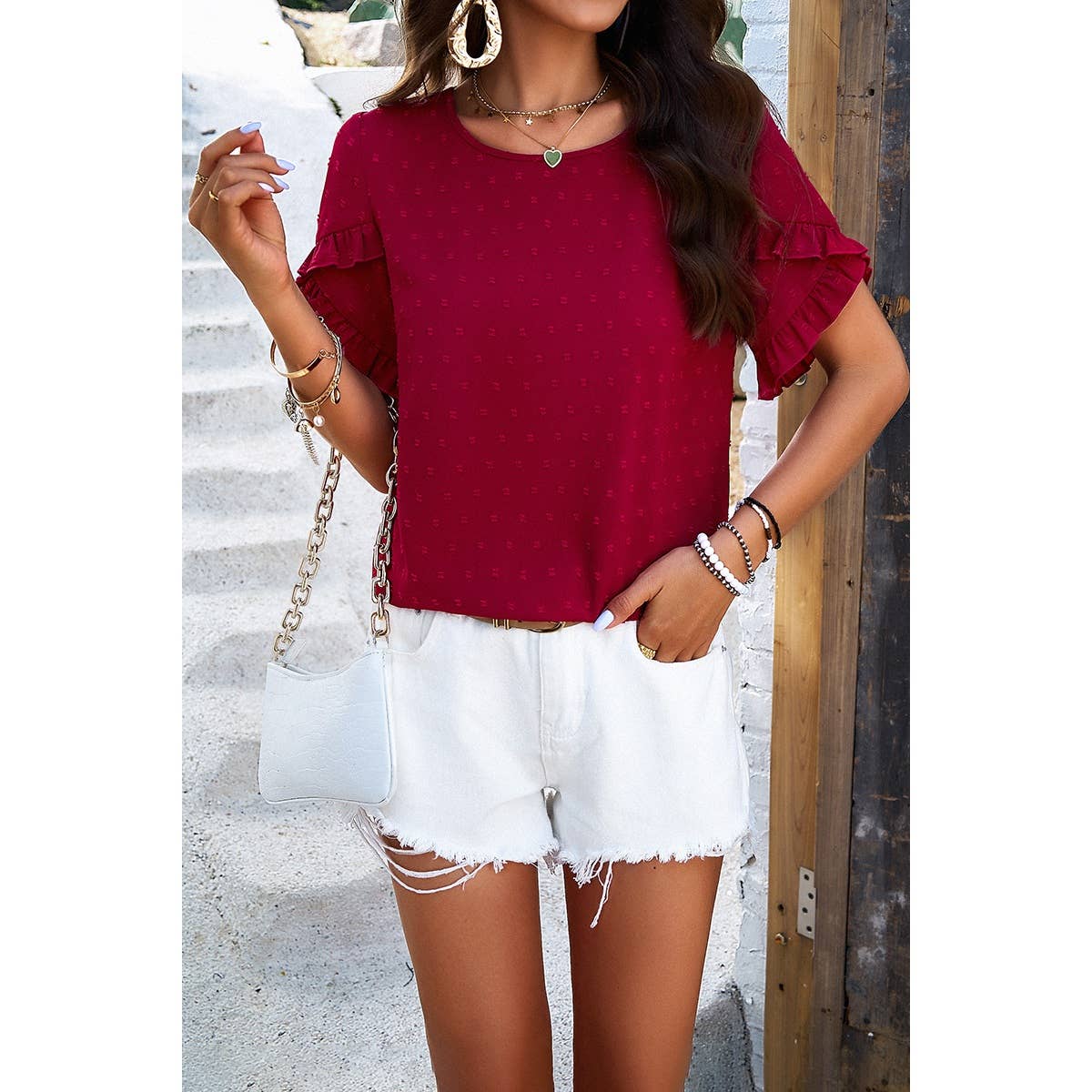 Swiss Dot Button Short Sleeves Hem Ruffle Top - MVTFASHION.COM