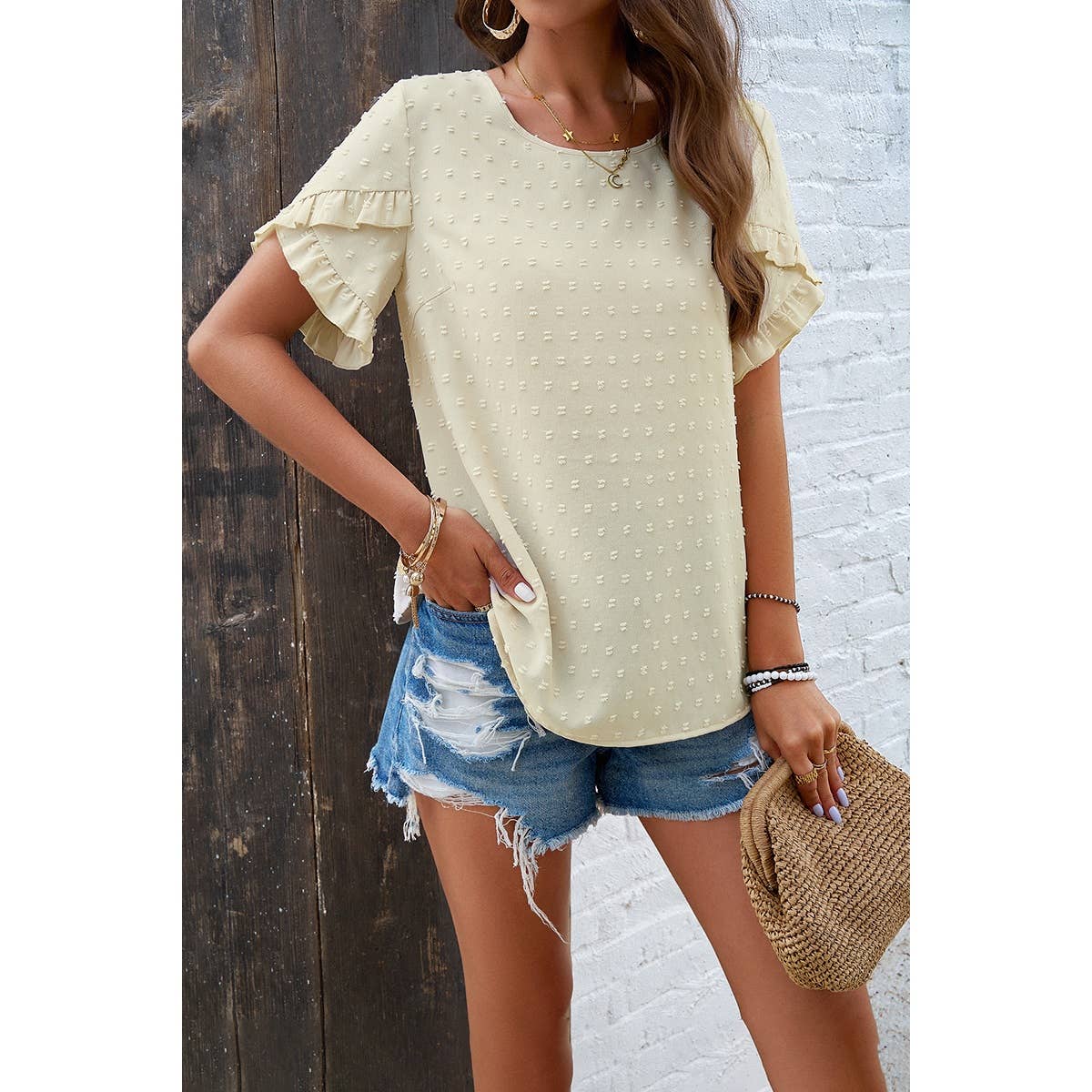 Swiss Dot Button Short Sleeves Hem Ruffle Top - MVTFASHION.COM