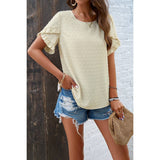 Swiss Dot Button Short Sleeves Hem Ruffle Top - MVTFASHION.COM