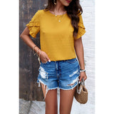 Swiss Dot Button Short Sleeves Hem Ruffle Top - MVTFASHION.COM