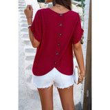 Swiss Dot Button Short Sleeves Hem Ruffle Top - MVTFASHION.COM