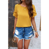 Swiss Dot Button Short Sleeves Hem Ruffle Top - MVTFASHION.COM