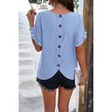 Swiss Dot Button Short Sleeves Hem Ruffle Top - MVTFASHION.COM