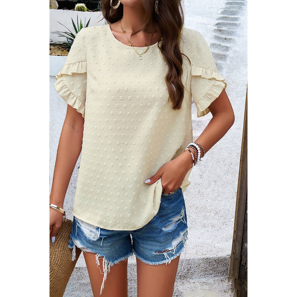 Swiss Dot Button Short Sleeves Hem Ruffle Top - MVTFASHION.COM