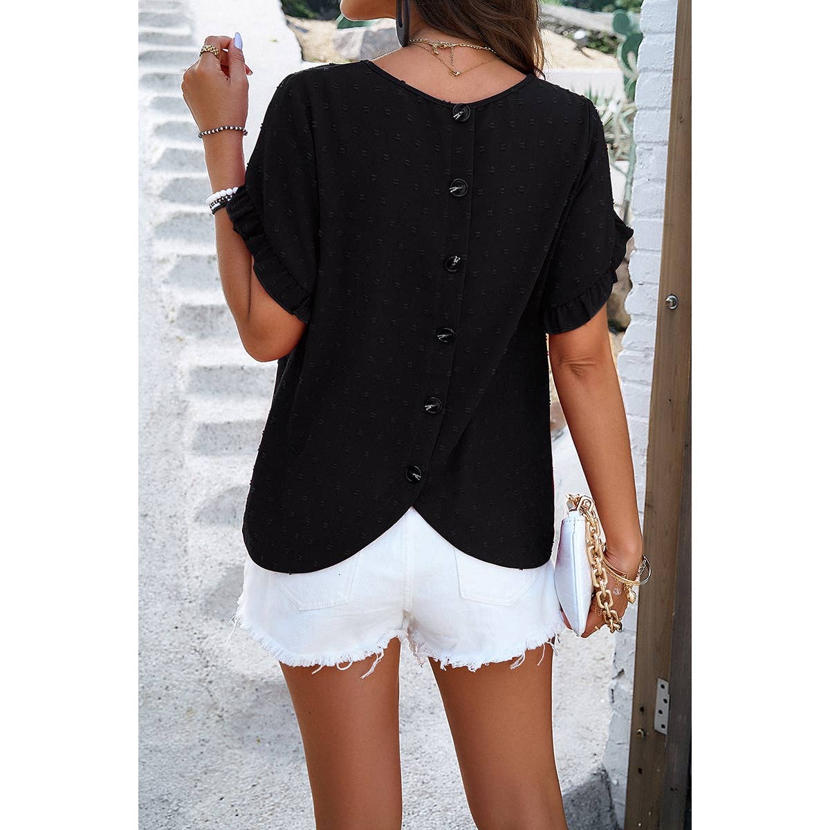 Swiss Dot Button Short Sleeves Hem Ruffle Top - MVTFASHION.COM