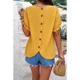 Swiss Dot Button Short Sleeves Hem Ruffle Top - MVTFASHION.COM