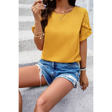 Swiss Dot Button Short Sleeves Hem Ruffle Top - MVTFASHION.COM