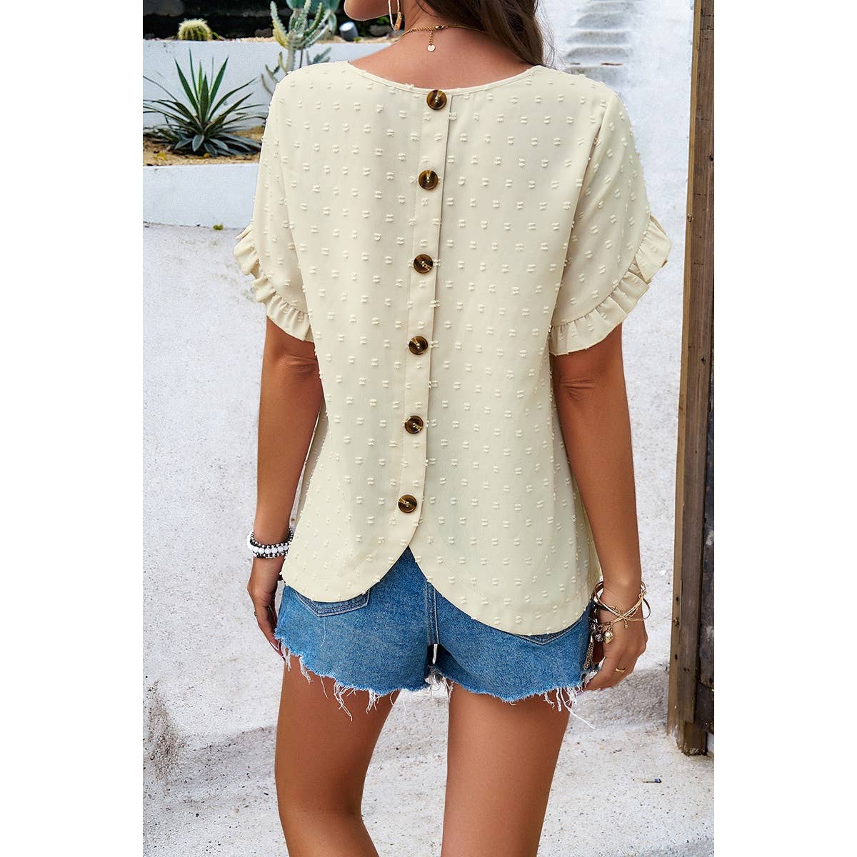 Swiss Dot Button Short Sleeves Hem Ruffle Top - MVTFASHION.COM