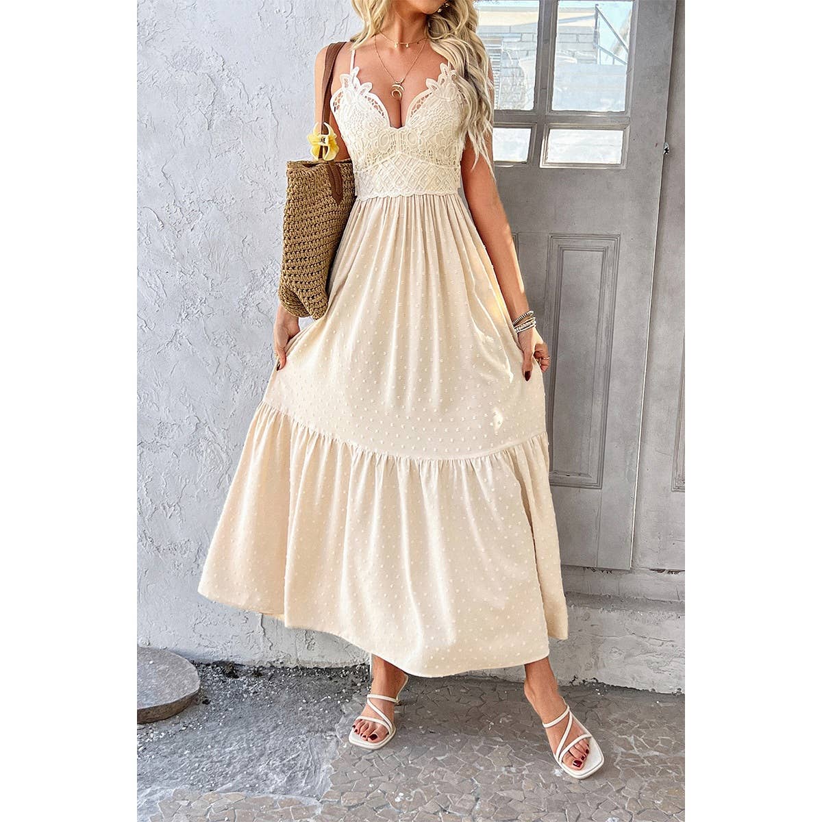 Swiss Dot Lace V Neck A Line Knot Back Dress - MVTFASHION.COM