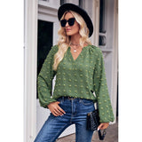 Swiss Dot Loose Fit V Neck Solid Blouse - MVTFASHION.COM