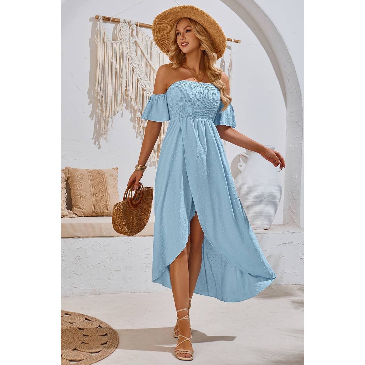 Swiss Dot Off Shoulder Ruched Asymmetric Dress - MVTFASHION.COM