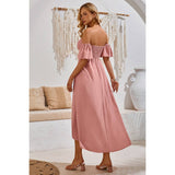 Swiss Dot Off Shoulder Ruched Asymmetric Dress - MVTFASHION.COM