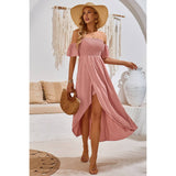 Swiss Dot Off Shoulder Ruched Asymmetric Dress - MVTFASHION.COM