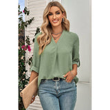 Swiss Dot Roll Tab Sleeve V Neck Blouse - MVTFASHION.COM