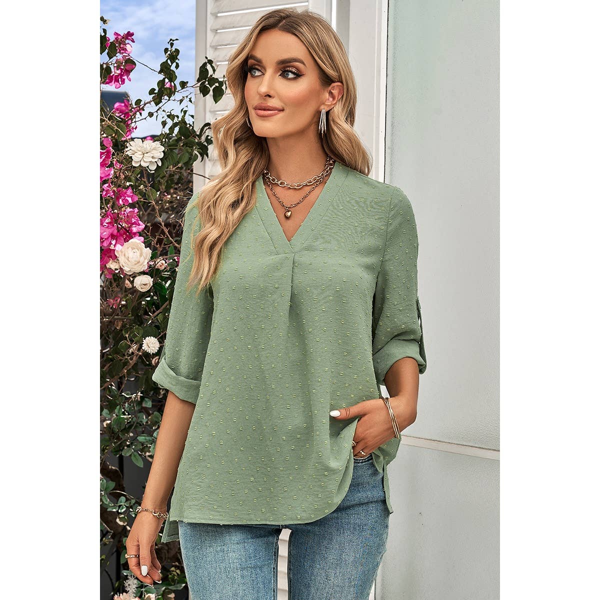 Swiss Dot Roll Tab Sleeve V Neck Blouse - MVTFASHION.COM