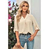 Swiss Dot Roll Tab Sleeve V Neck Blouse - MVTFASHION.COM