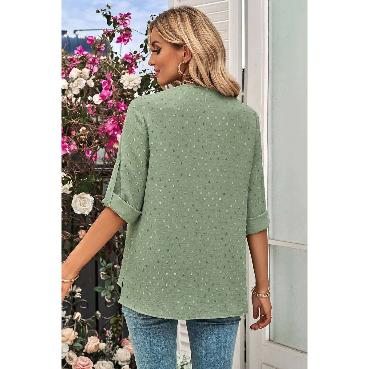 Swiss Dot Roll Tab Sleeve V Neck Blouse - MVTFASHION.COM