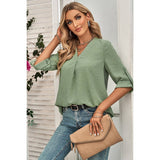 Swiss Dot Roll Tab Sleeve V Neck Blouse - MVTFASHION.COM