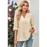 Swiss Dot Roll Tab Sleeve V Neck Blouse - MVTFASHION.COM