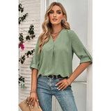 Swiss Dot Roll Tab Sleeve V Neck Blouse - MVTFASHION.COM