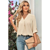 Swiss Dot Roll Tab Sleeve V Neck Blouse - MVTFASHION.COM