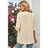 Swiss Dot Roll Tab Sleeve V Neck Blouse - MVTFASHION.COM