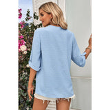 Swiss Dot Roll Tab Sleeve V Neck Blouse - MVTFASHION.COM