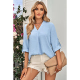 Swiss Dot Roll Tab Sleeve V Neck Blouse - MVTFASHION.COM