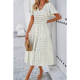 Swiss Dot Ruched Color Block V Neck Ruffle Dress - MVTFASHION.COM