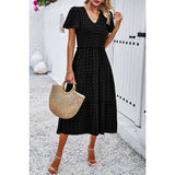 Swiss Dot Ruched Color Block V Neck Ruffle Dress - MVTFASHION.COM