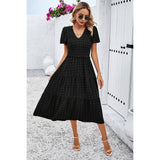 Swiss Dot Ruched Color Block V Neck Ruffle Dress - MVTFASHION.COM