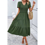 Swiss Dot Ruched Color Block V Neck Ruffle Dress - MVTFASHION.COM