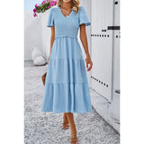 Swiss Dot Ruched Color Block V Neck Ruffle Dress - MVTFASHION.COM