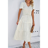 Swiss Dot Ruched Color Block V Neck Ruffle Dress - MVTFASHION.COM