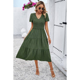 Swiss Dot Ruched Color Block V Neck Ruffle Dress - MVTFASHION.COM