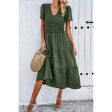 Swiss Dot Ruched Color Block V Neck Ruffle Dress - MVTFASHION.COM