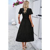 Swiss Dot Ruched Color Block V Neck Ruffle Dress - MVTFASHION.COM