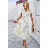 Swiss Dot Ruched Color Block V Neck Ruffle Dress - MVTFASHION.COM