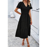 Swiss Dot Ruched Color Block V Neck Ruffle Dress - MVTFASHION.COM