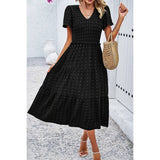 Swiss Dot Ruched Color Block V Neck Ruffle Dress - MVTFASHION.COM