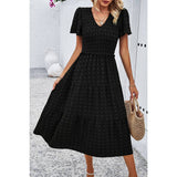 Swiss Dot Ruched Color Block V Neck Ruffle Dress - MVTFASHION.COM