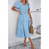 Swiss Dot Ruched Color Block V Neck Ruffle Dress - MVTFASHION.COM