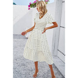 Swiss Dot Ruched Color Block V Neck Ruffle Dress - MVTFASHION.COM