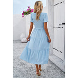 Swiss Dot Ruched Color Block V Neck Ruffle Dress - MVTFASHION.COM