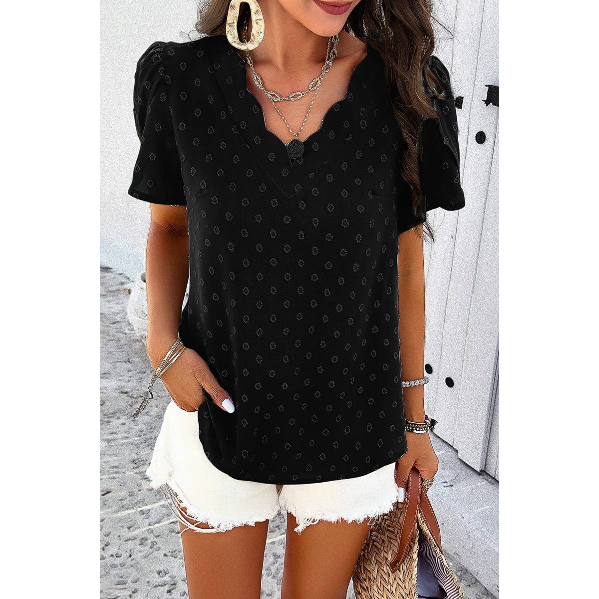 Swiss Dot Ruched Sleeves Loose Fit V Neck Blouse - MVTFASHION.COM