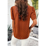 Swiss Dot Ruched Sleeves Loose Fit V Neck Blouse - MVTFASHION.COM