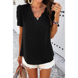 Swiss Dot Ruched Sleeves Loose Fit V Neck Blouse - MVTFASHION.COM