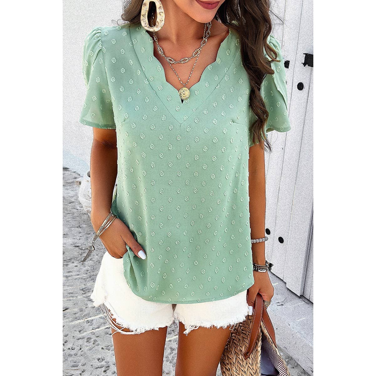 Swiss Dot Ruched Sleeves Loose Fit V Neck Blouse - MVTFASHION.COM