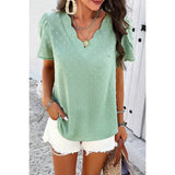 Swiss Dot Ruched Sleeves Loose Fit V Neck Blouse - MVTFASHION.COM