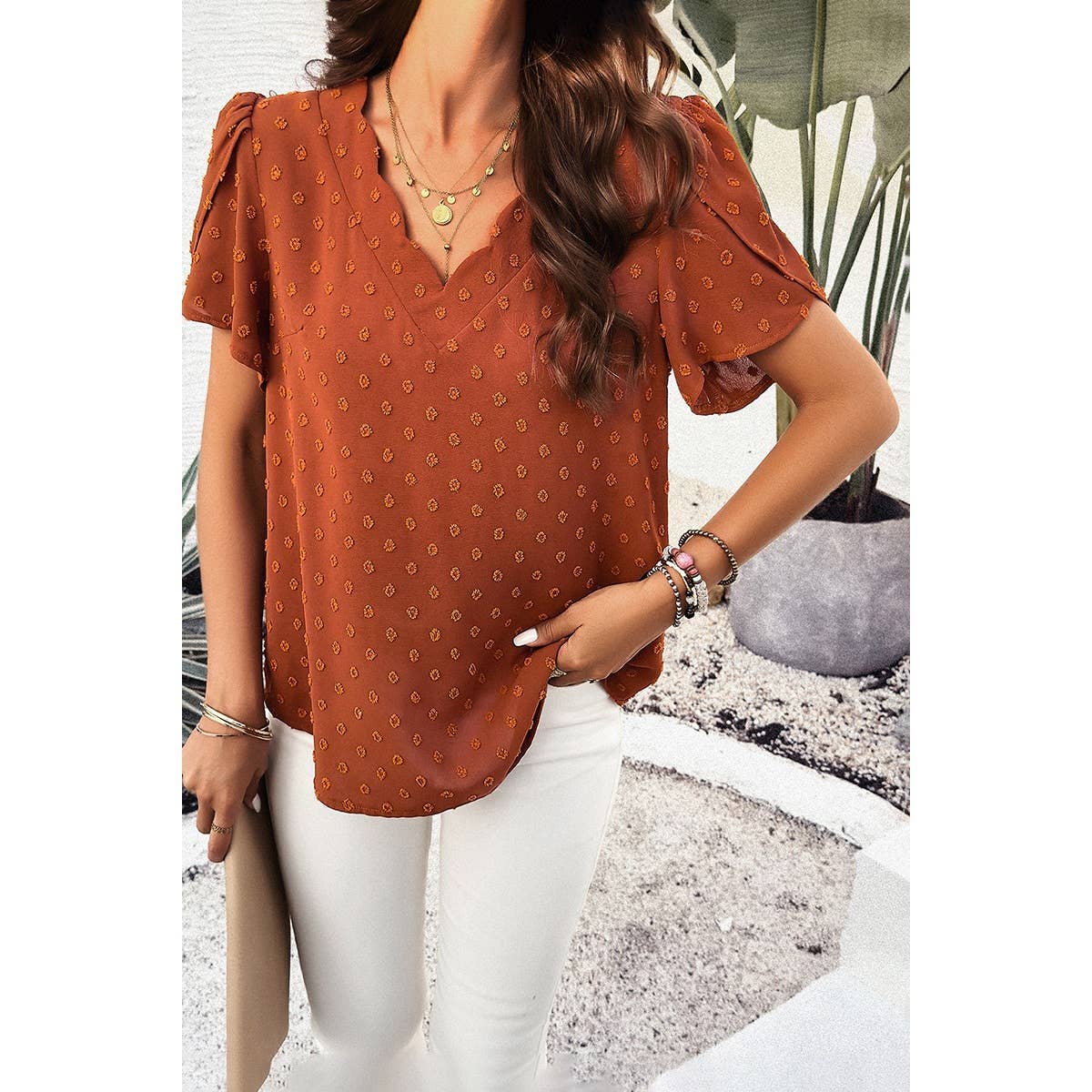 Swiss Dot Ruched Sleeves Loose Fit V Neck Blouse - MVTFASHION.COM